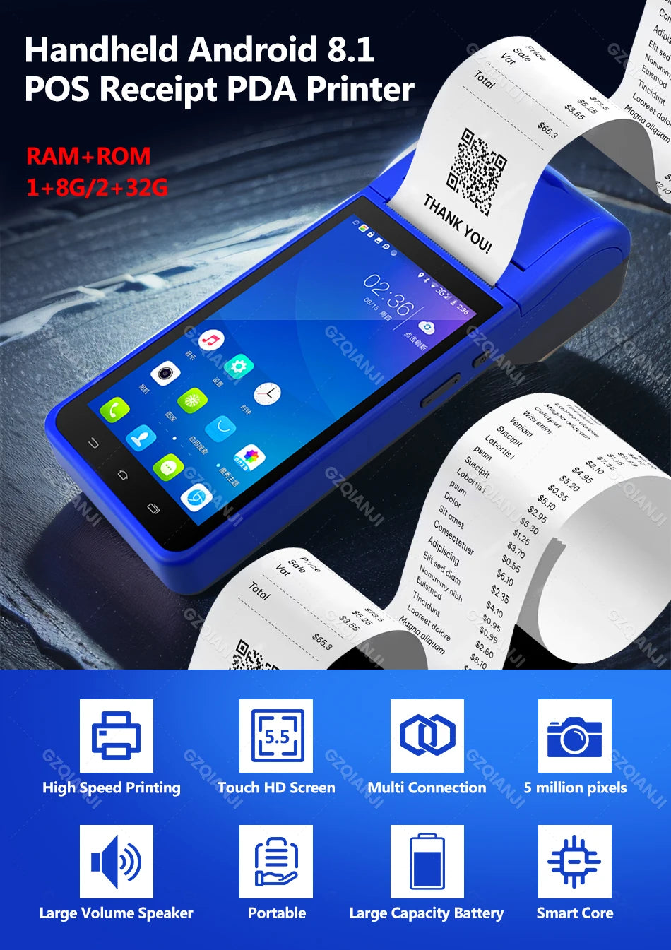 4G Android 13 / 8.1 Pos Terminal Wireless Handheld Printers 1D 2D Scanner Reader NFC Built-in 58mm Receipt Impressora Termica