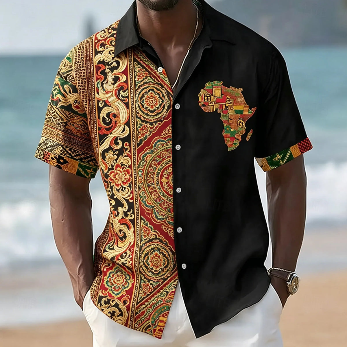 Men's African Map Mosaic Print Short Sleeve Shirt Ethnic Geometric Pattern Casual Button Down Top for Spring & Summer