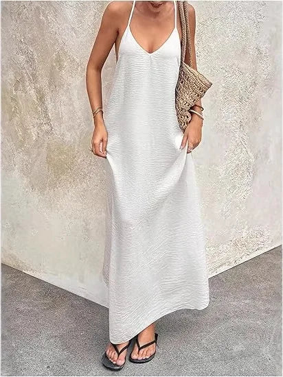 Elegant Simple Backless Sexy Hollow Sleeve Long Dress Women's Straight Tube Skirt Travel Sleeveless Strap Dress Casual High W...