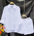 2024 Fashion White Long Sleeve Women Shirts And Shorts Two Piece Sets Summer Pocket Casual Home 2 Piece Set For Women