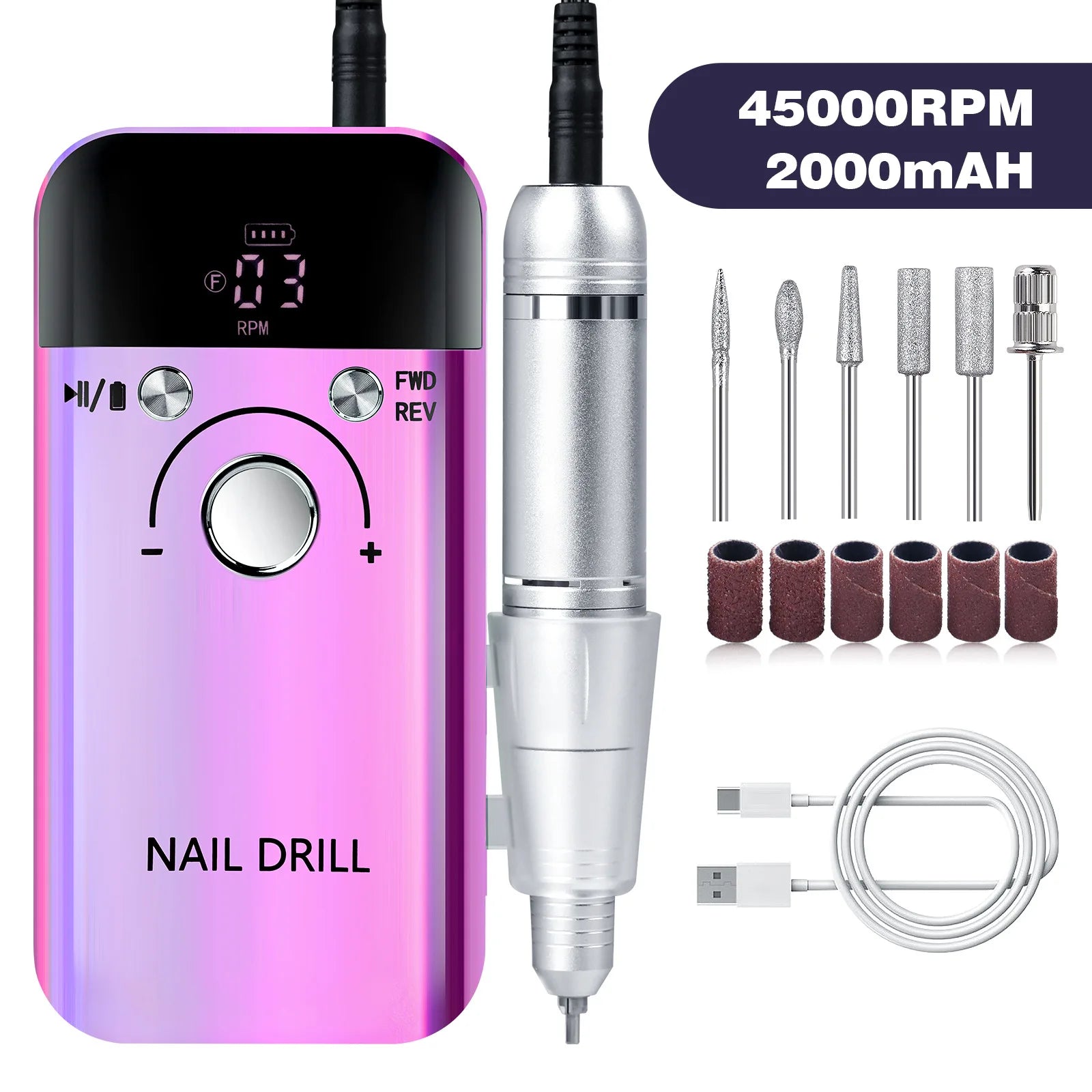 Professional Electric Nail Drill 45000 RPM Rechargeable Portable Manicure Pedicure Machine Kit with Bits