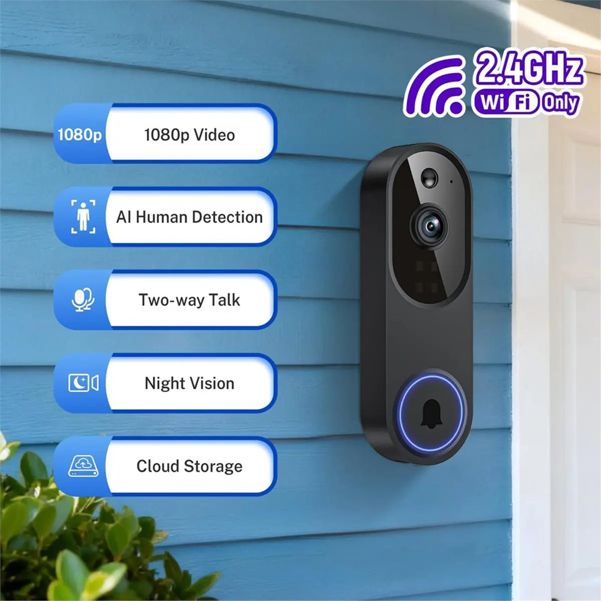 DTC5 Wireless Wi-Fi Video Doorbell Camera with Two Way Audio, AI Motion Detection, Night Vision and Cloud Storage (No Chime)