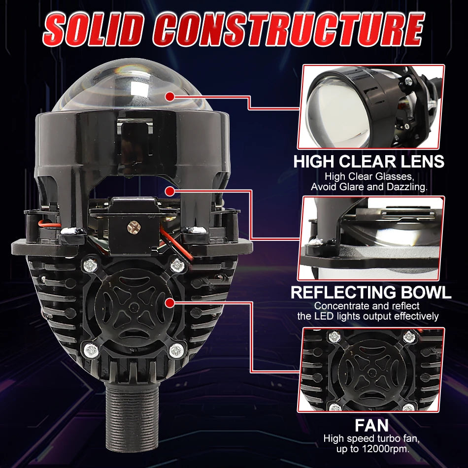2.5 Inch Bi Led Projector Lens Led Light H4 H7 9005 9006 Car Headlight Bulb High Low Beam 6000K Diode 300W 30000LM Turbo Tuning