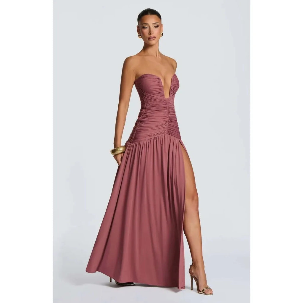 Women's Strapless Pleated High Slit Long Skirt Sexy Pure Color mid Waist Polyester Fiber V-neck Sleeveless Slim Fit Dress