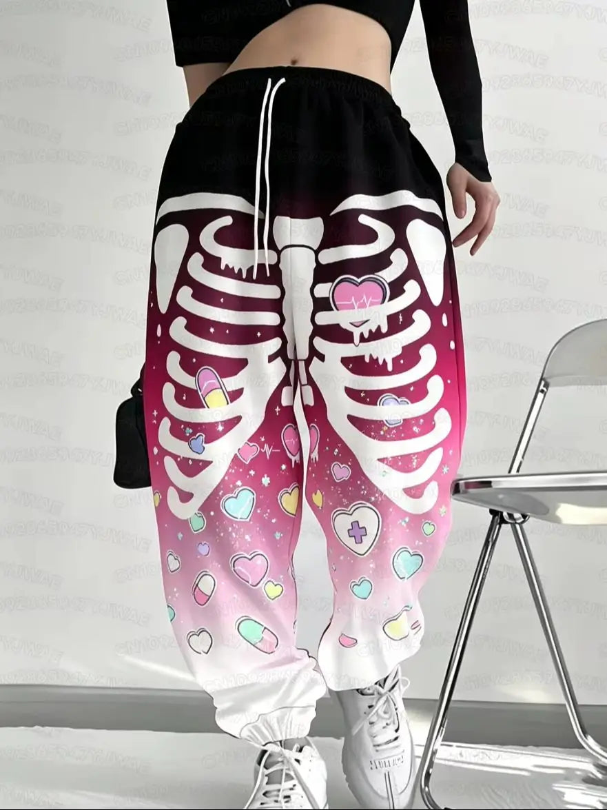 Spring and Autumn Women's Men's Gothic Hip Hop Yami Kawaii Y2K Skull Print Street Style Casual  Long Jogger Pants
