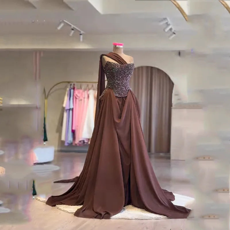 Coco Colored Arabic Party Dress Chiffon A Line Custom Made Elegant Evening Gowns Bead Sequin Long Prom Dresses Cloak Sleeveless