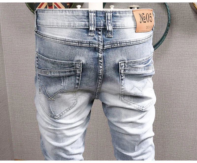 Streetwear Fashion Men Jeans Retro Light Blue Elastic Slim Fit Ripped Jeans Men Embroidery Designer Vintage Casual Denim Pants