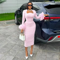 CM.YAYA Women Feather Hem Flare Long Sleeve Bodycon Mid-calf Length Dress 2024 Fall Winter Birthday Vestidos Party Even Dresses