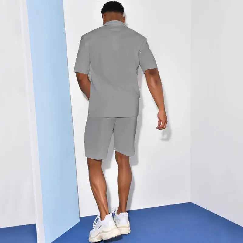 2026 Men's Summer Solid Casual Sets Comfy Cotton Linen Short Sleeve Lapel Shirt and Shorts Two Piece Sets Men Loose Sport Outfit