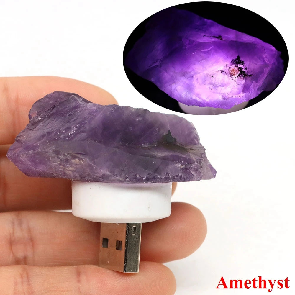 Natural Irregular Crystals Stone USB Light Rose Quartz Amethyst Raw Minerals Small Night Lamp Reiki Healing Bedroom Home Decor