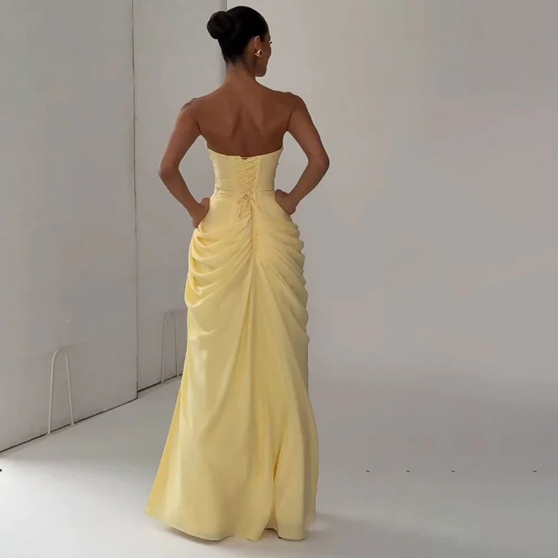 Elegant Solid Strapless Pleated Dress Women Chic Sleeveless Waist Cinching Split Maxi Vestidos 2026 Lady Evening Party Dresses