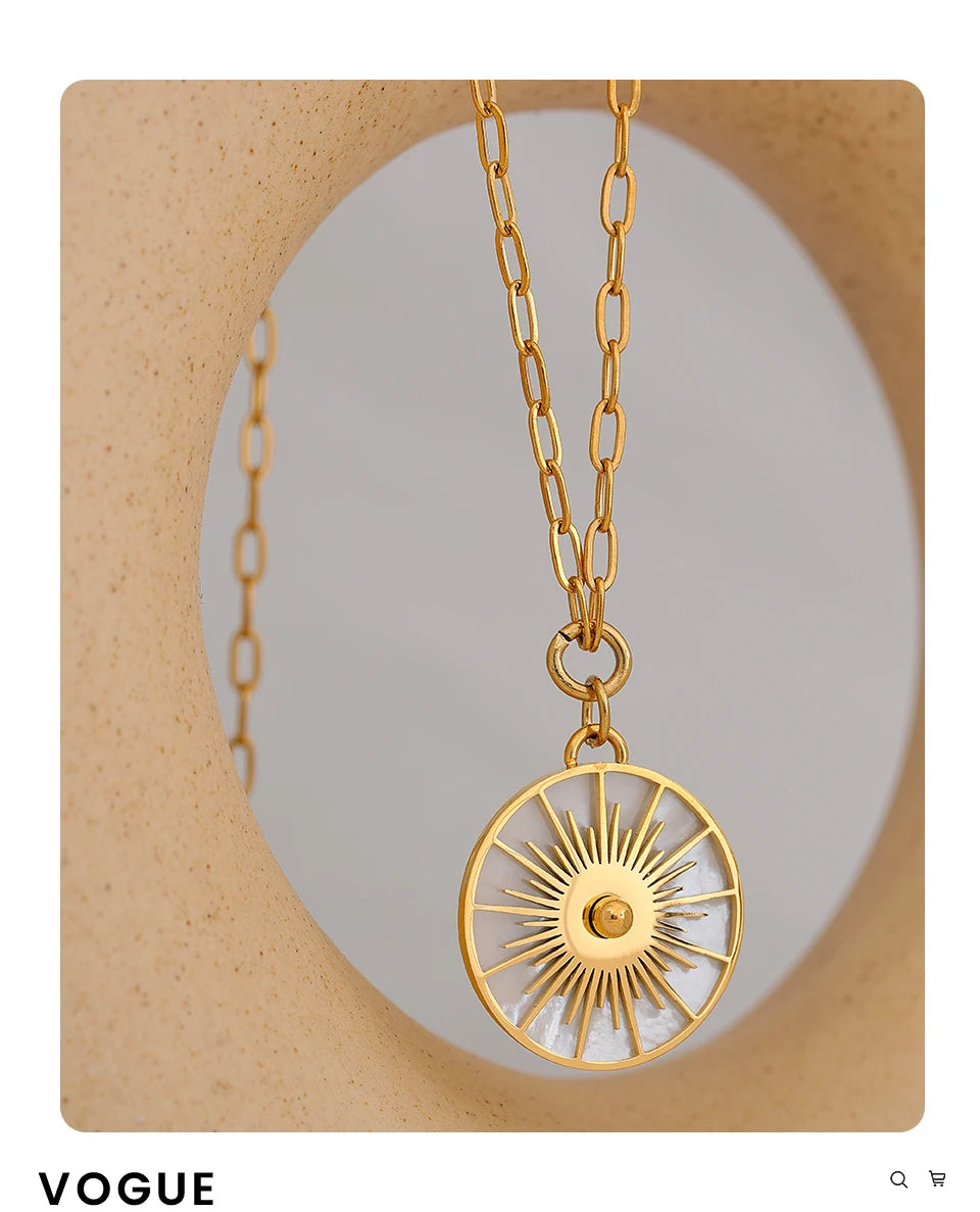 Yhpup Big Round Geometric Short Chain Statement Necklace Stainless Steel Golden Shell Fashion Vintage Pendant Collier PVD-Plated