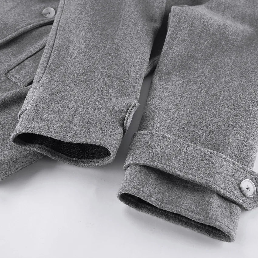 Gray Wool Blend Coat Notched Lapel Double Breasted Long Sleeve Cuff Detail Loose Mid-Length Women Commuter Woolen