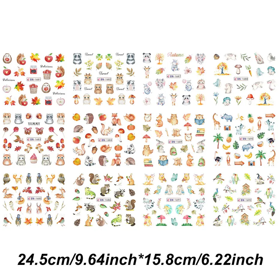 12Design Autumn Animal Nail Art Water Sticker Cartoon Owl Squirrel Fox Hedgehog Transfer Slider Fall Theme Fruits Manicure Decor