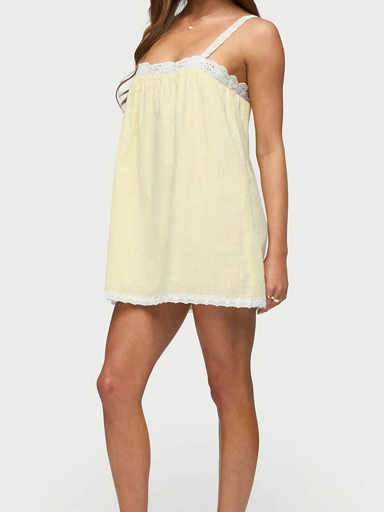 Coquette Style Lace Strap Mini Dress Women Light Yellow Loose Babydoll Dresses Sleeveless Square Neck Casual Beach Dress