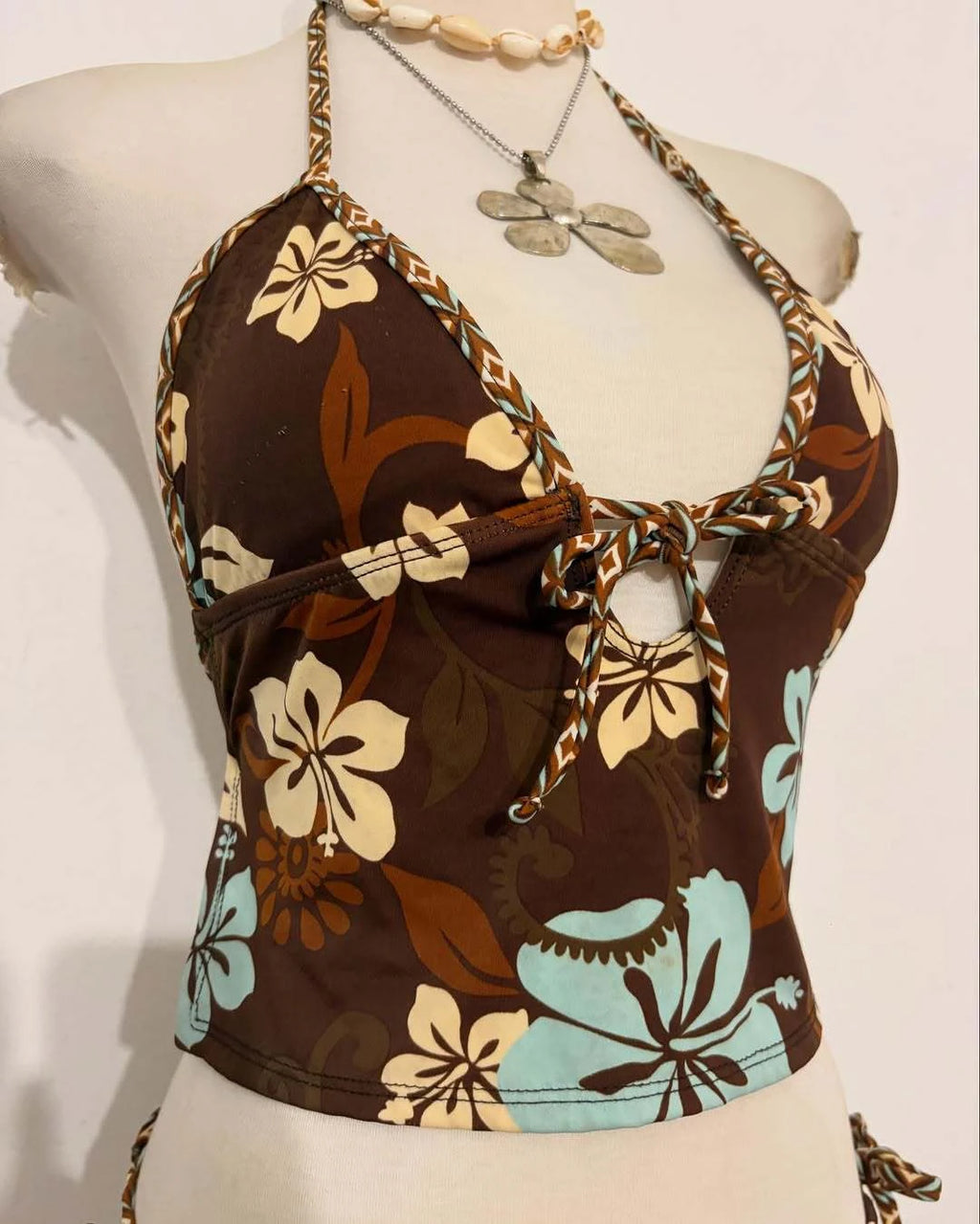 Retro Flower Hanging Neck Bikini Women's Suspender Design Sexy Swimsuit Set Vacation Beach Swimsuit Top