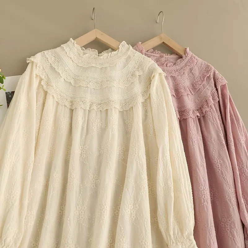 Vintage Embroidery Hollow Out Cotton Linen Dress Women Spring Mori Girl Lace Ruffled Casual Long Sleeve Loose Pullover Vestidos