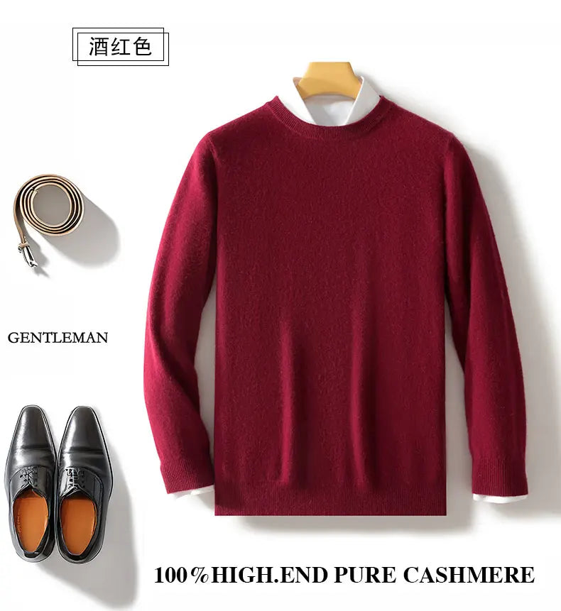 100% wool men's round neck solid color loose knit cashmere pullover for business and leisure, keeping warm in autumn and winter
