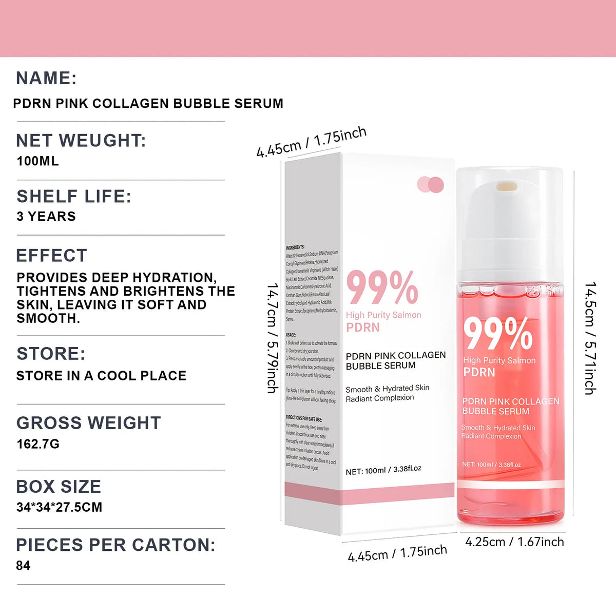 PDRN Pink Collagen Bubble Serum Glow Firming Serum with 99% Purity PDRN & Low Molecular Collagen Lightweight Fast-Absorbing