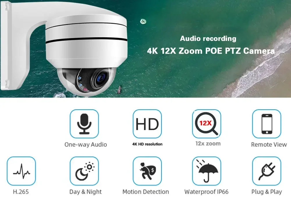 4K 8MP POE PTZ Dome Camera 12X 10X Optical Zoom Waterproof Outdoor CCTV Camera POE Security Surveillance System 5MP IP Dome Cam