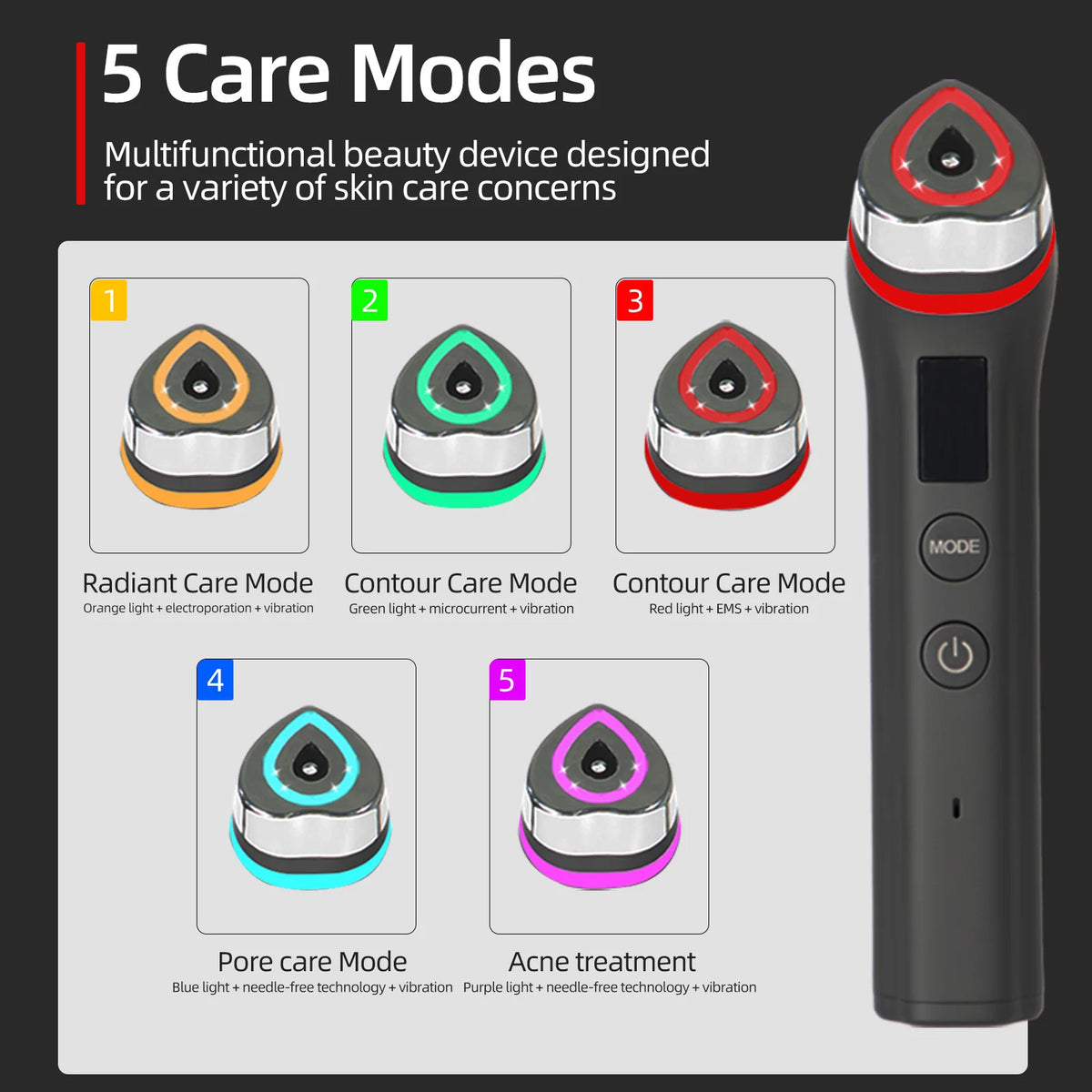 5 Colors Ager Booster Pro Lifting Face Neck therapy Wand LED Vibration Massager Beauty Device for Anti-Aging Skin Tightening