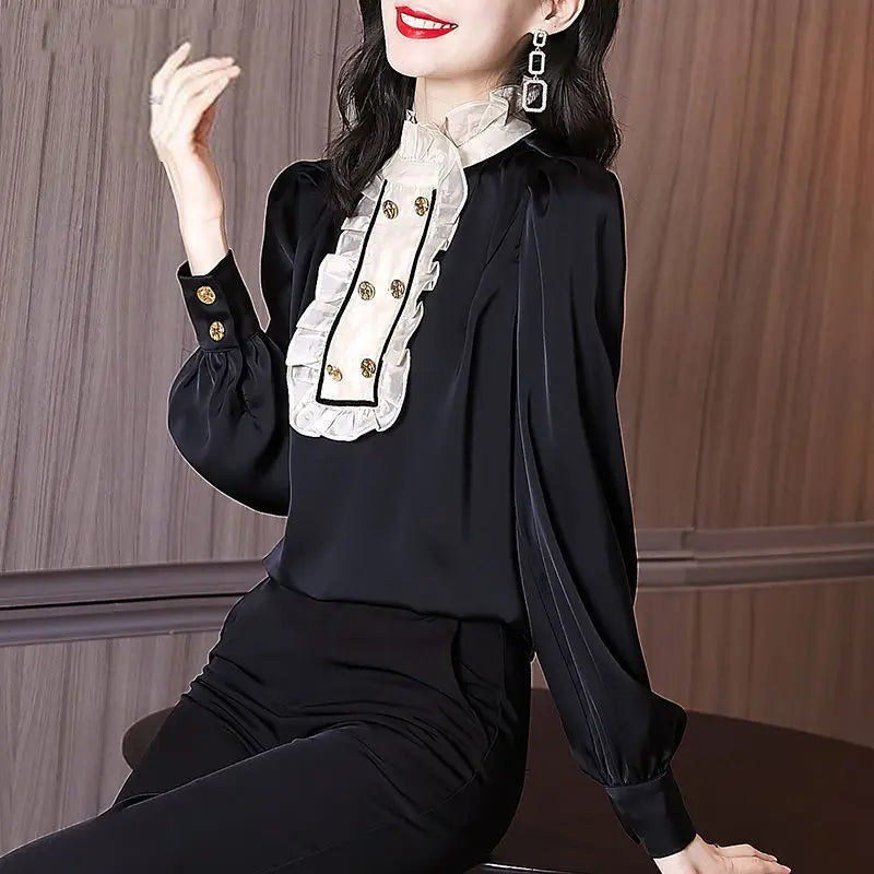 Vintage Office Lady Ruffles Shirring Bright Silk Solid Shirt Spring 2022 Ruffled Neck Long Shirt Sleeve Slim Top Womens Clothing