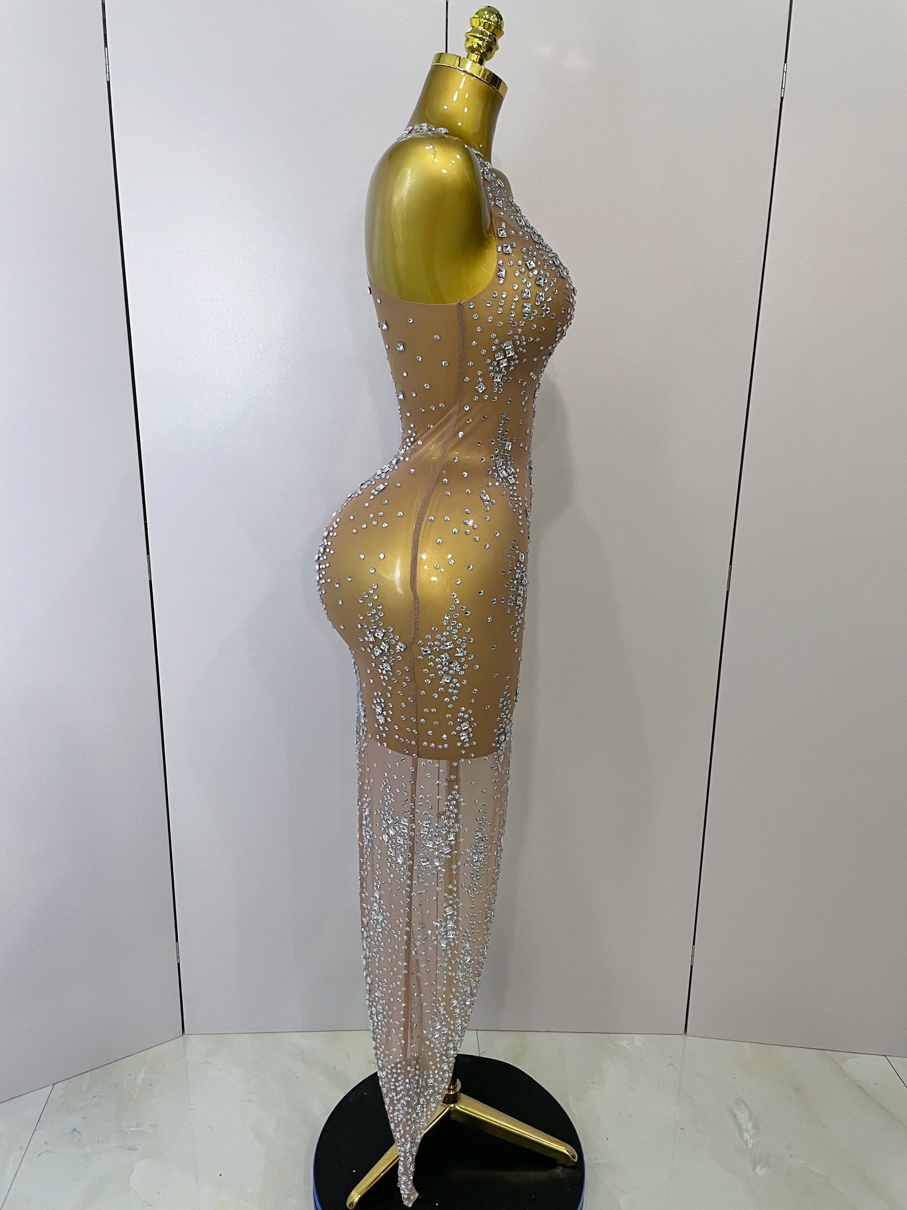 2025 New Sparkly Rhinestone V Neck Stretch Mesh Sexy See Through Dress Women Elegant Party Celebrate Perform Costume Stage Outfi