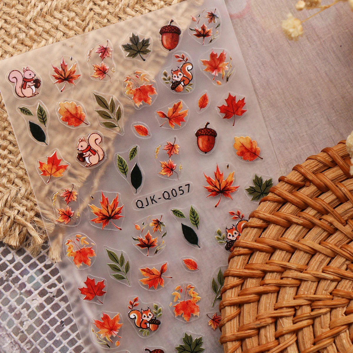 5pcs Autumn Maple Animals 3D Nail Art Stickers Squirral Ginkgo Fall Leaves Fox Bears Honey Pattern Nail Decal DIY Manicure Decor