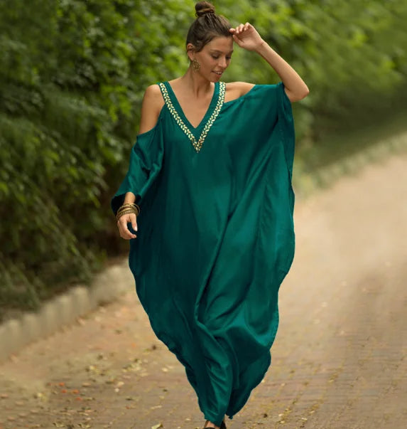 SuperAen Beach Blouse Solid Spaghetti Strap Embroidered Cotton Holiday Robe Bikini Sunscreen Shirt Loose Dress Women