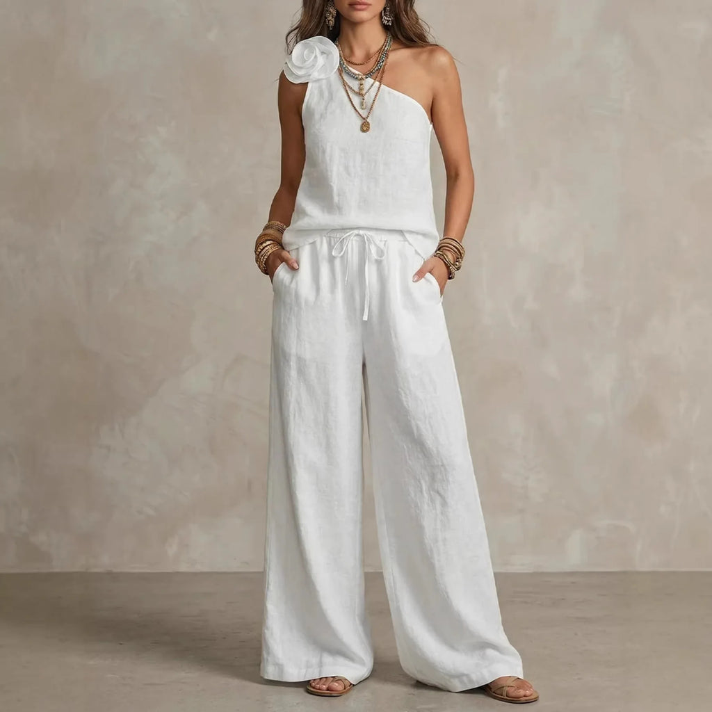 Women's Two-piece Set Slant Collar Top Wide-leg Pants 2026 Summer One-shoulder Suspender Trousers Solid Color New Flower Suit