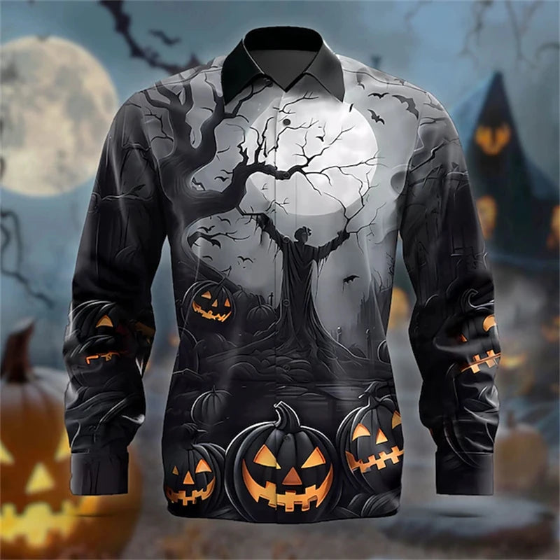 2026 Halloween Fun New Fall and Winter Yellow Shirt Halloween Party Fashion Men's Long Sleeve Tops Temperament Button Down Shirt