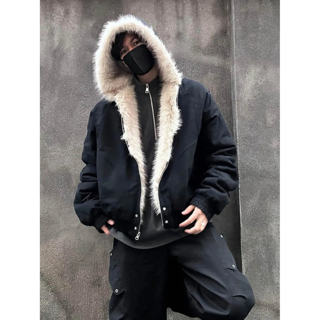 American Retro Lamb Fleece Cotton Jacket Winter Thickened Keep Warm Fur Collar Jacket Zipper Hoodie Loose Coat men clothing