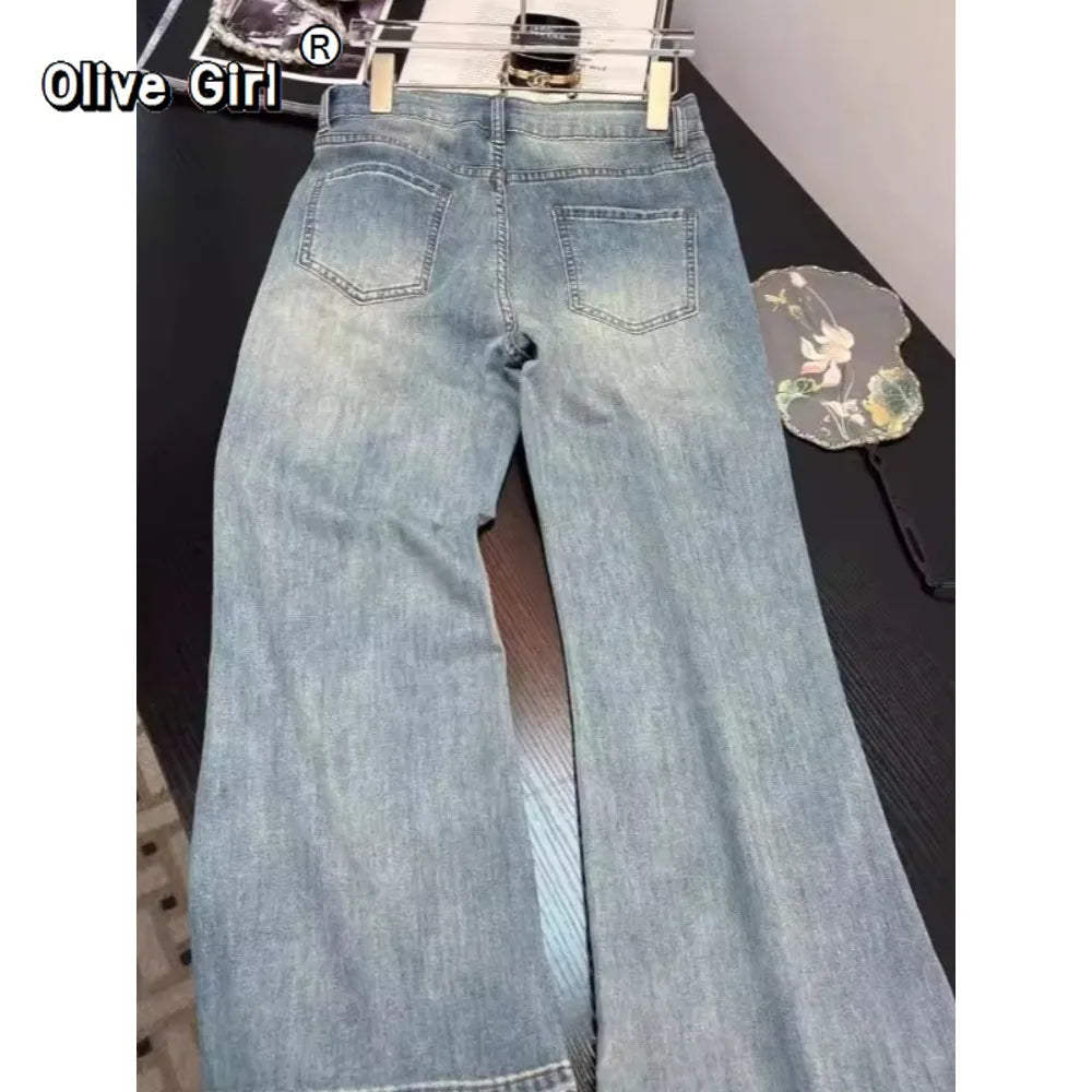 Jeans Casual Embroidered Wide Leg Jean Women's Pant Clothing 2026 Spring Trouser Summer High Waisted Elegant High-end