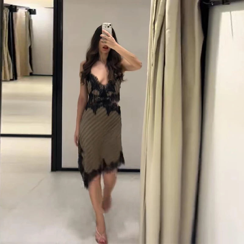 Lightweight Chiffon V-Neck Lace Insert Waist Maxi Dress Cutout Puff Sleeve 2026 Summer Women Party Dress Trendy Chic Lady Outfit