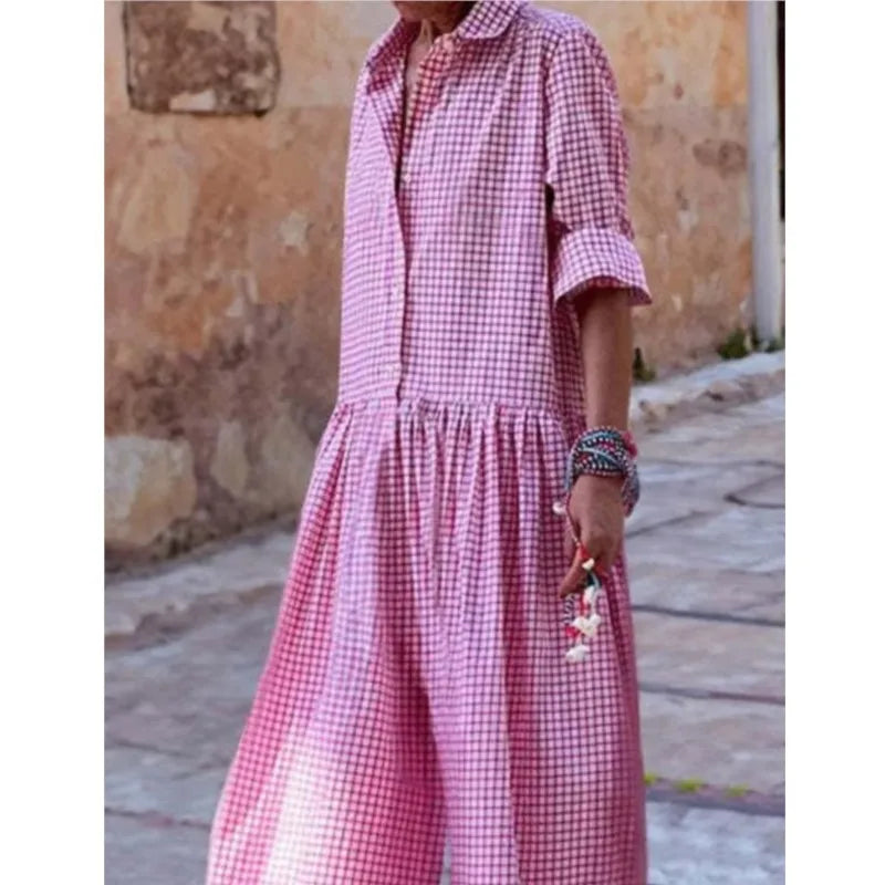 Fashion Lapel Single Breasted Half Sleeve Wide Leg Jumpsuit Spring Autumn Lady New Women's Loose Casual Plaid Printed Jumpsuit