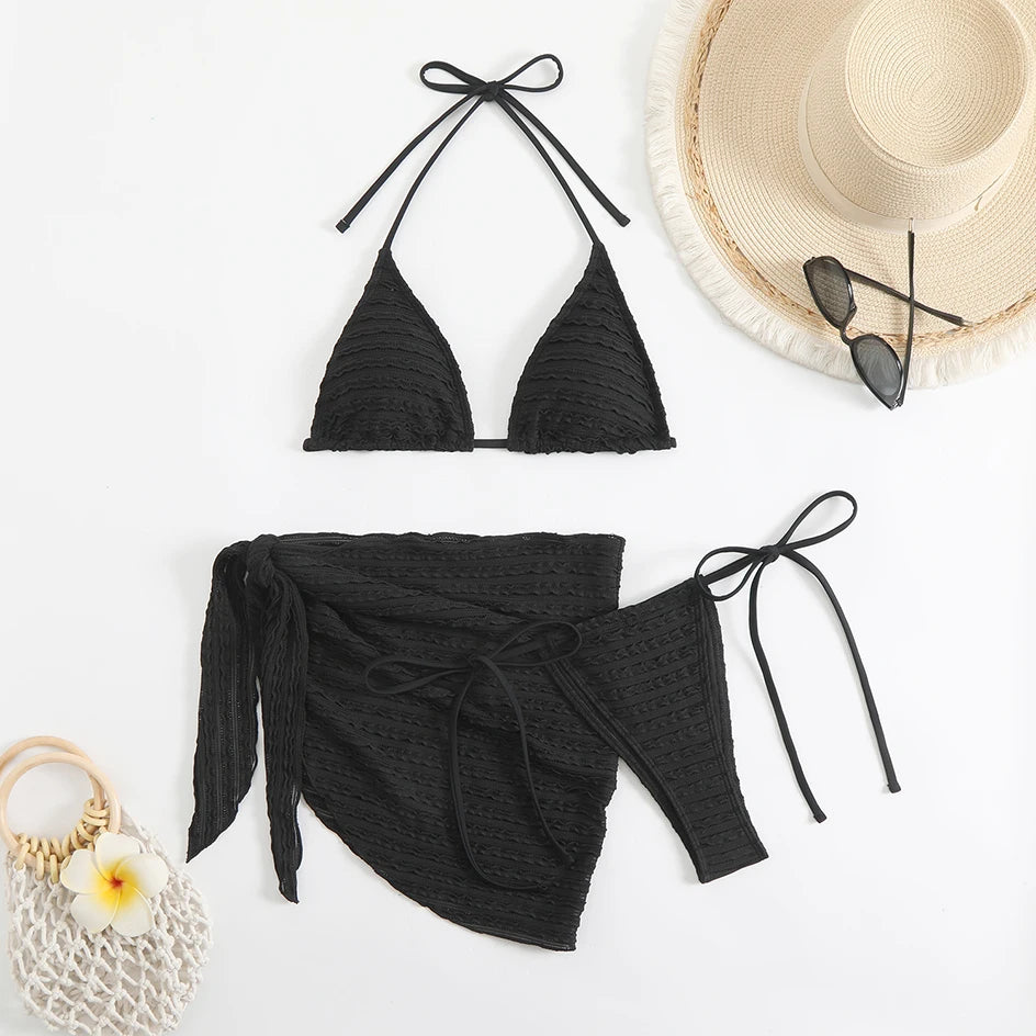 Sexy 3 Pieces Bikini Women Swimsuit 2025 Summer Halter Triangle Swimwear Bottom Bikinis Sets Beach Cover Up Female Bathing Suits
