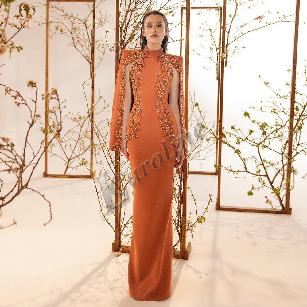 Caroline Modern Mermaid Prom Dresses for Women with Cloak Beads Crystals High Neck Formal Evening Vestidos De Gala Drop Shipping