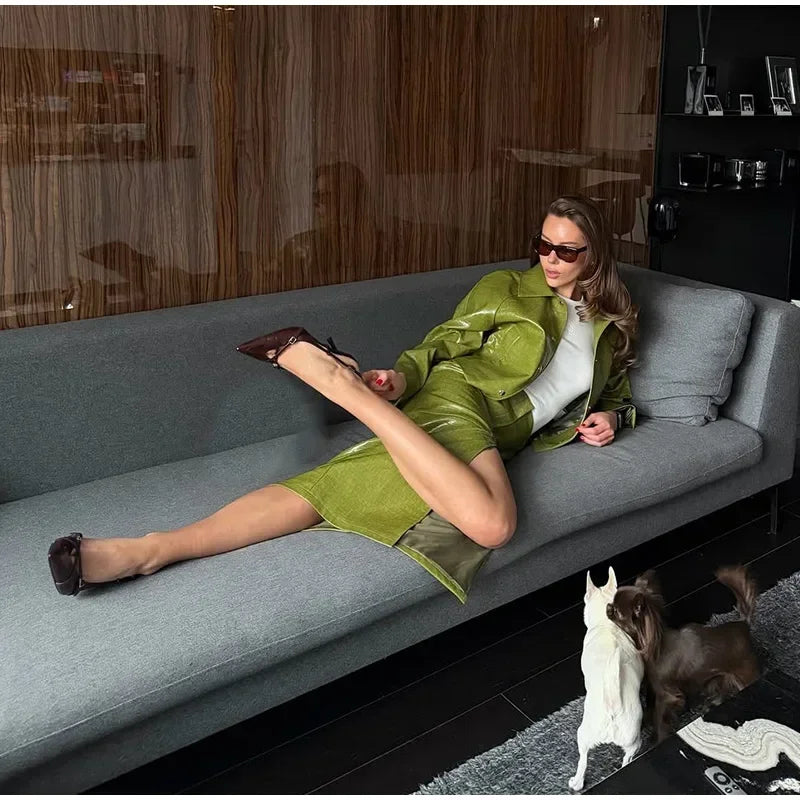 Women's Skirt Sets Crocodile Faux Leather Lapel Long Sleeve Button Oversized Jackets Straight Skirts Autumn Female Loose Outfits