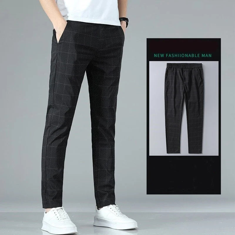 2025 Spring/Summer Men's Elastic Slimming Straight Leg Casual Pants Fashion Breathable Grid Design Sports Pants