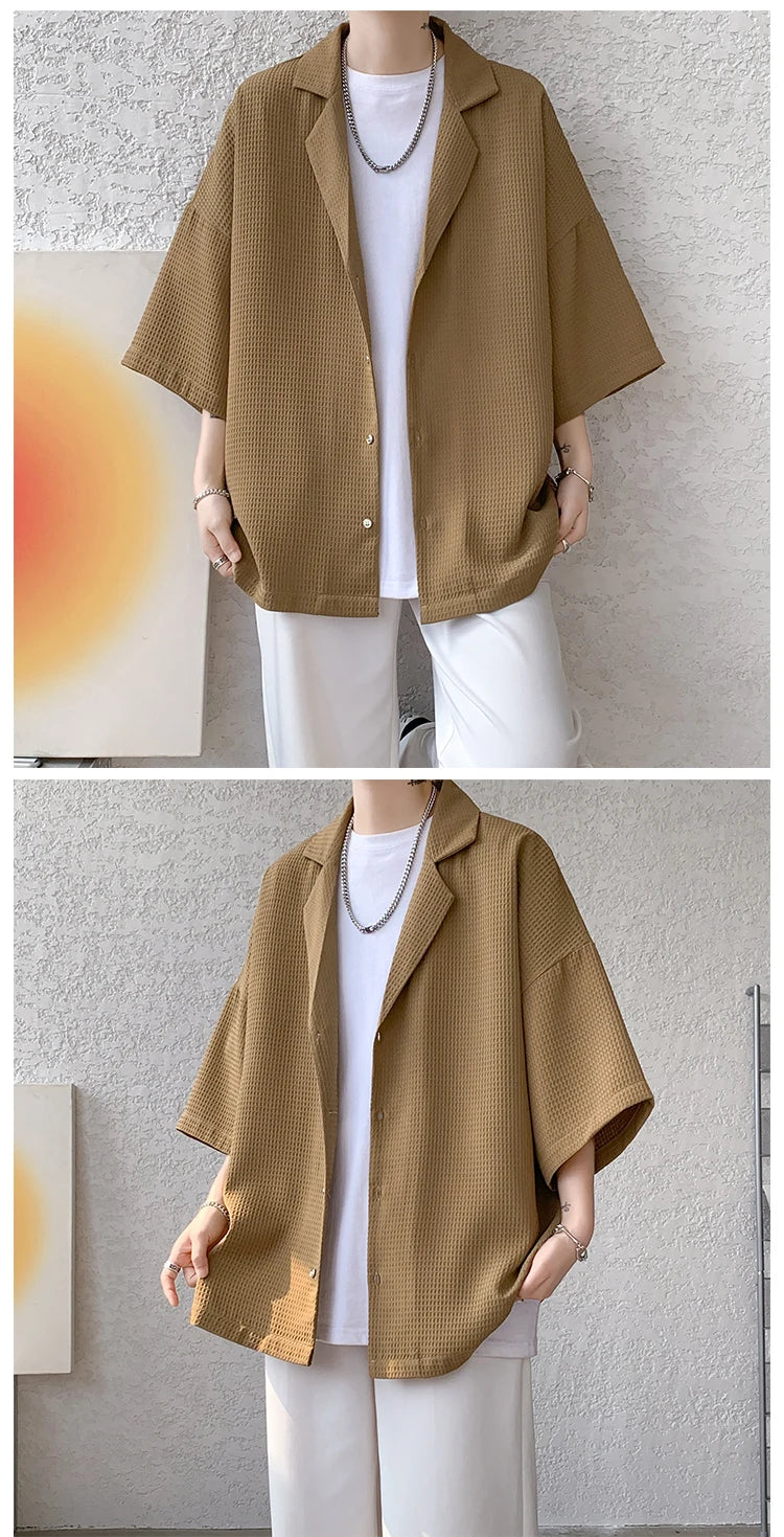 LEGIBLE Spring Summer Solid Shirts Men Casual Oversized Three Quarter Shirts Male Loose Fit Shirt for Man