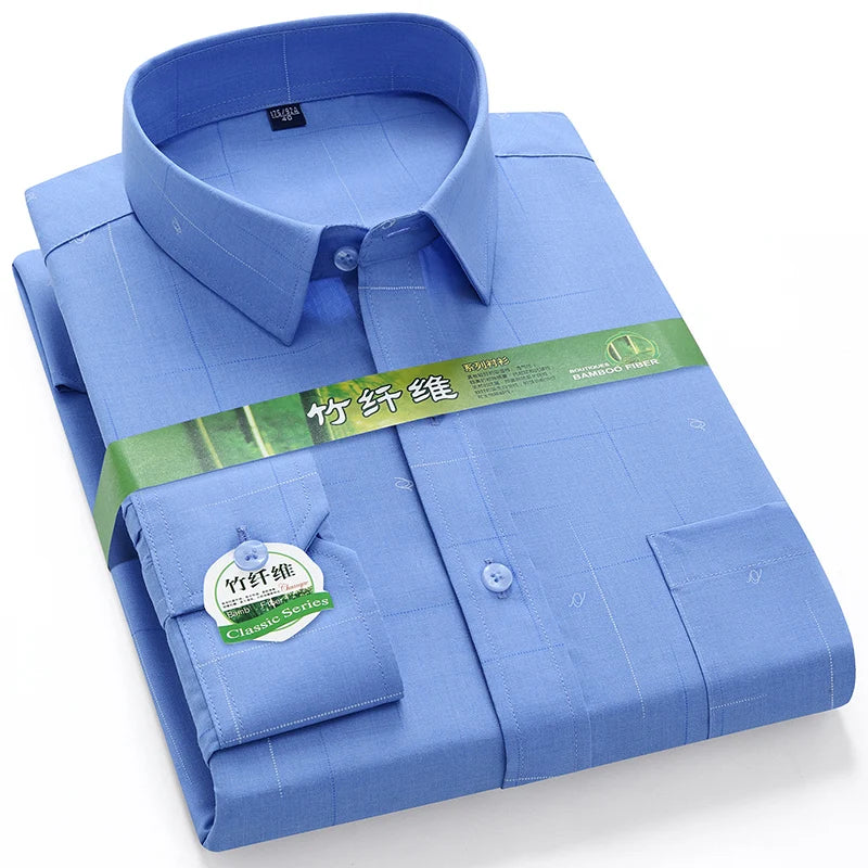 Bamboo Fiber Men Shirt Long Sleeve Elastic Anti-wrinkle Regular Fit business Formal Social pink Blue Striped checkered print 4XL