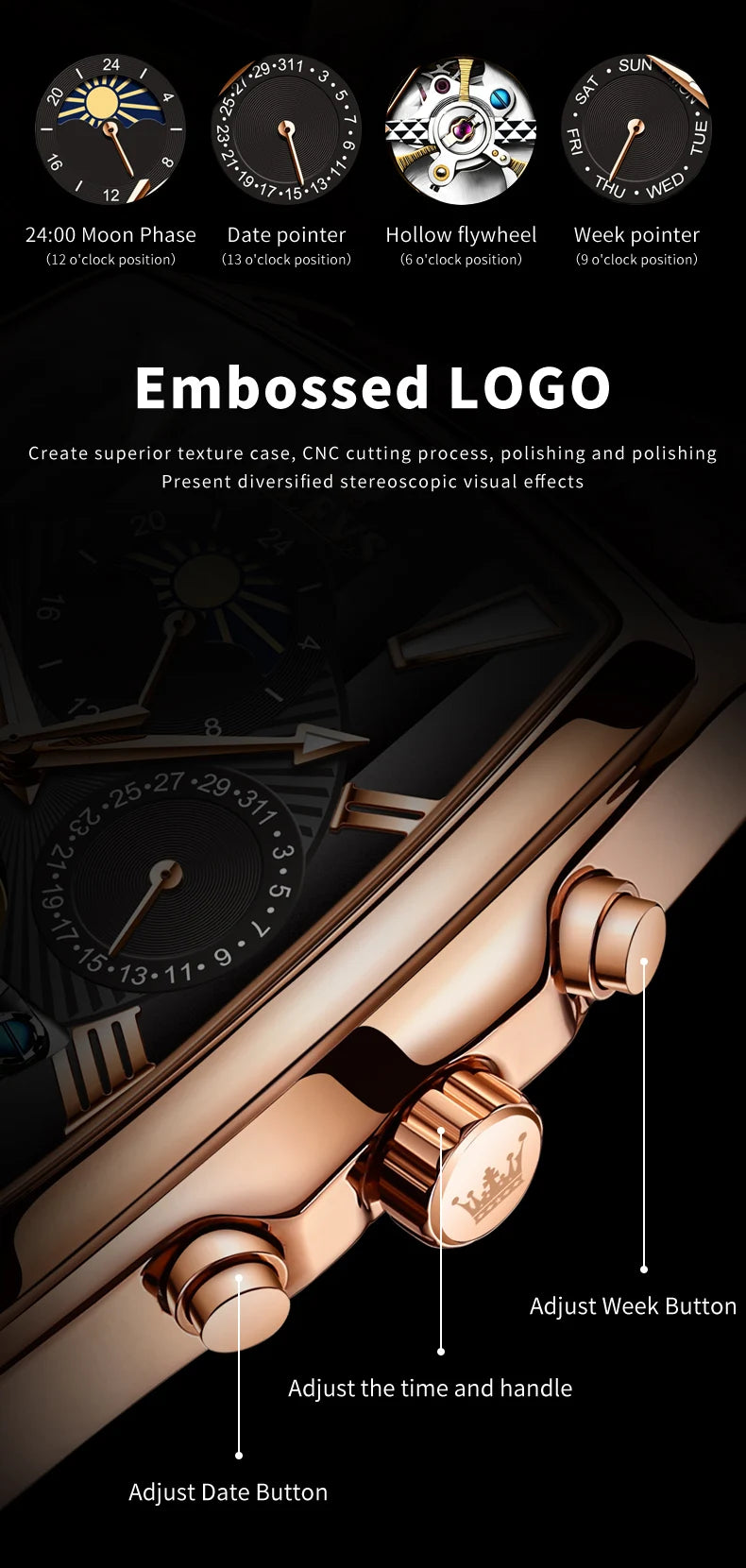 OLEVS 6675 Mens Watch Flywheel Multifunctional Chronograph Mechanical Watch Leather Strap Square Watches For Man High Quality