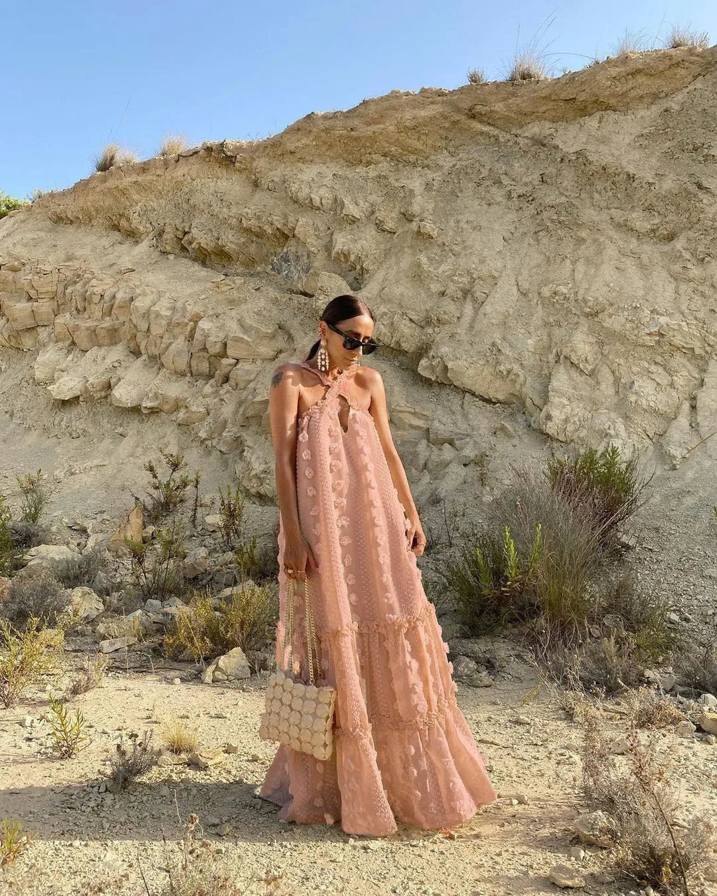 Sleeveless Halter Maxi Summer Dress for Women Fashion Ruffle Beach Long Robe 2025 Elegant Slip Holiday Hollow Out Sundress
