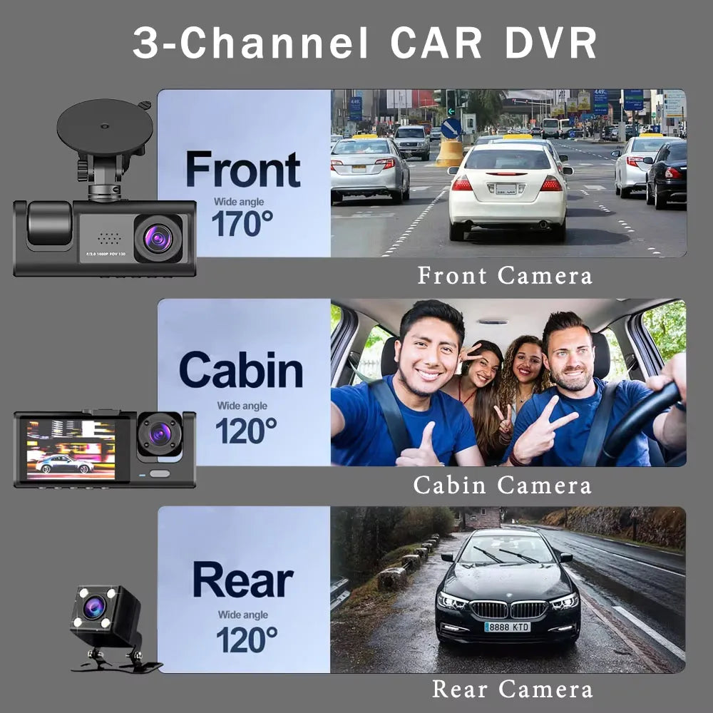 WIFI-3 Camera Dash Cam For Car Camera FHD 1080P Video Recorder Car DVR Front Rear View Camera Night Vision Black Box Car Dashcam