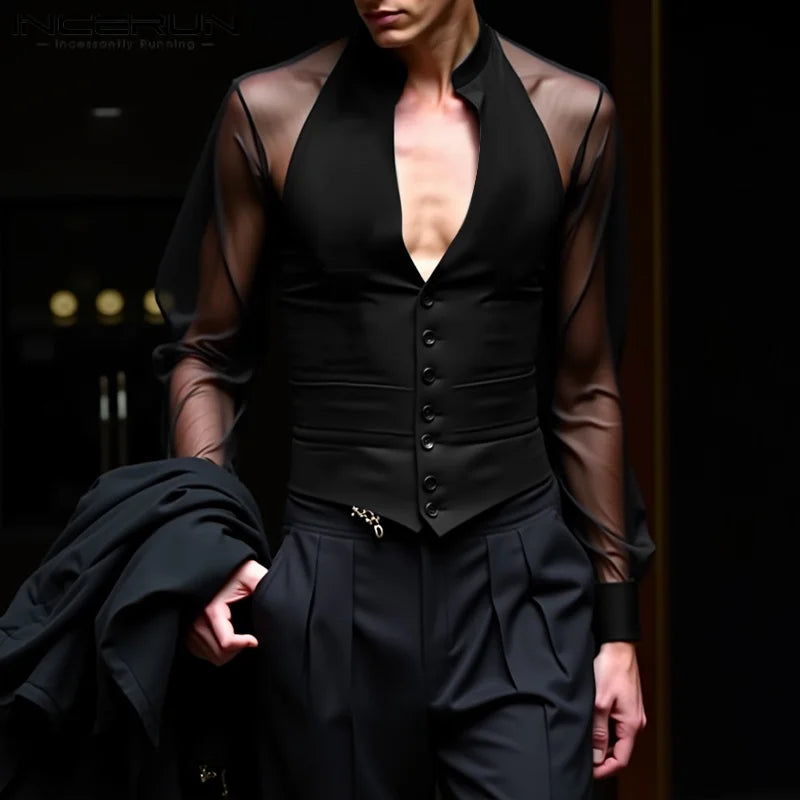 Men Shirt Mesh Patchwork V Neck Long Sleeve Casual Male Shirts Streetwear Transparent Sexy Fashion Party Camisas 2025 INCERUN