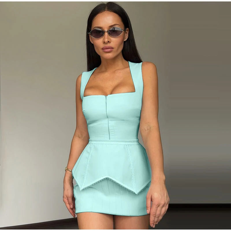 Elegant Printed Women's Dress Sleeveless Square Collar Waist-Closed Lady Mini Dresses With Waist Tape 2026 Summer Robe New