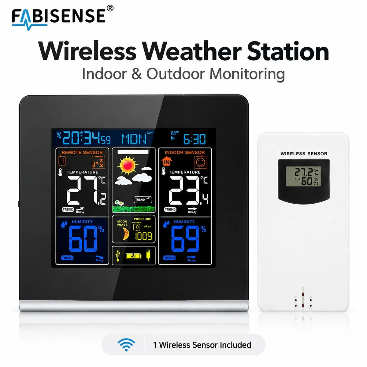 FABISENSE Wireless Weather Station with Indoor Outdoor Sensor Thermometer Hygrometer, Forecast Barometer Moon Phase, USB Powered