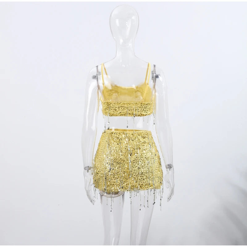 Sexy Tassel Sequins Vest Mini Skirt Women Crop Sling Vests Short Hip Package A-line Skirts 2026 Summer Lady Beach Party Outfits