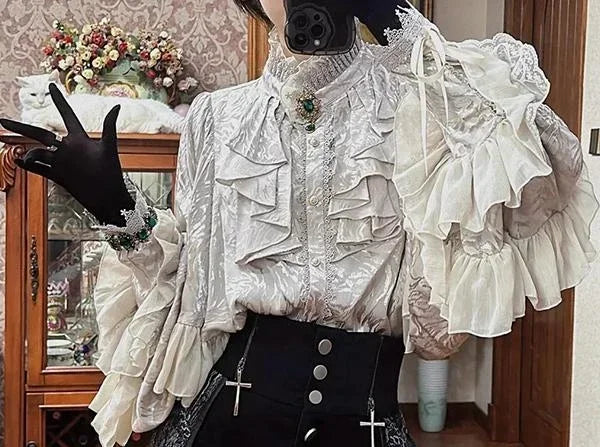 Gothic Style Silver Shirt Spring and Autumn New Bat Sleeve Loose Long Sleeve Shirts Lolita Court Style Women's Camisas Top Y2k