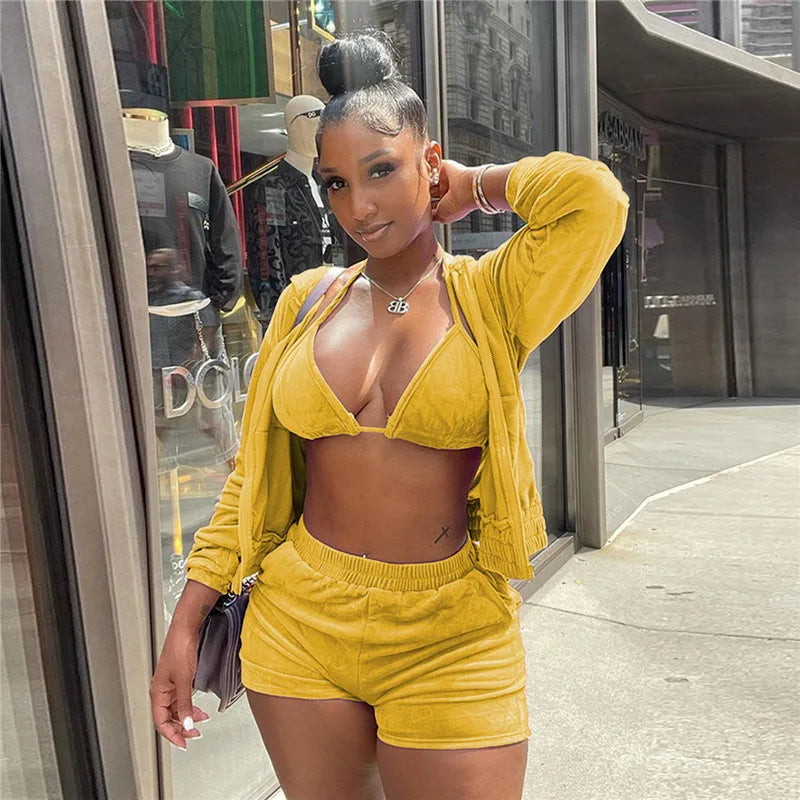 Velvet Tracksuit 3 Piece Set Women Fall Outfits Zipper Hoodies Jacket + Bra + Shorts Sets Sporty Matching Sets Jogging Femme